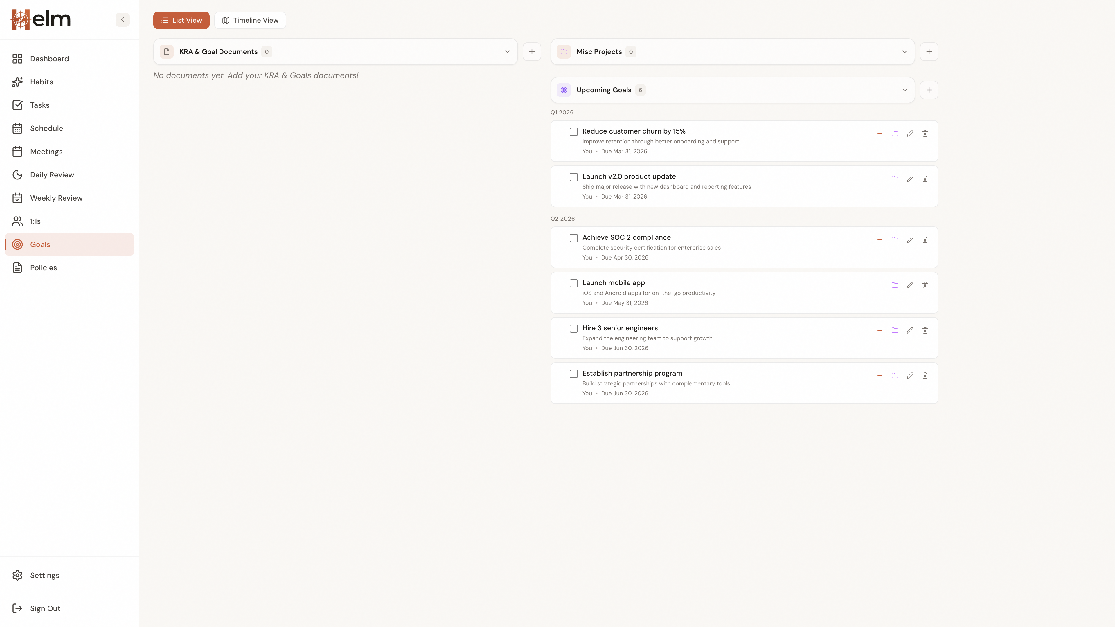Goals & Projects in Helm
